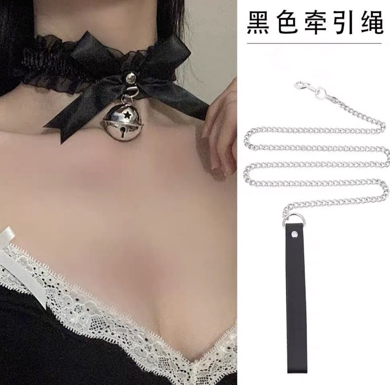 Sweet Lace Big Bell Collar Womens M Neck Strap Choker Neck Fun Clavicle Chain Necklace Couples Neck Ring Black two-piece 
