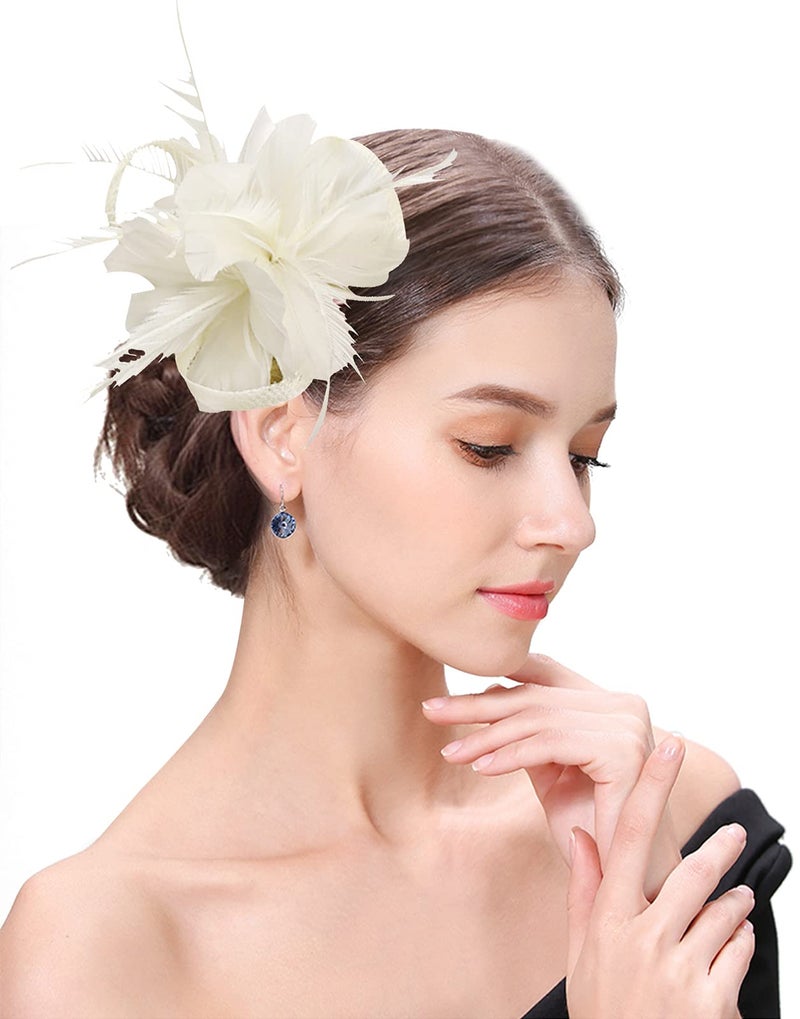 ZX Women Feather Flower Fascinator Hat with Hair Clip Brooch for Cocktail Wedding B Beige One Size