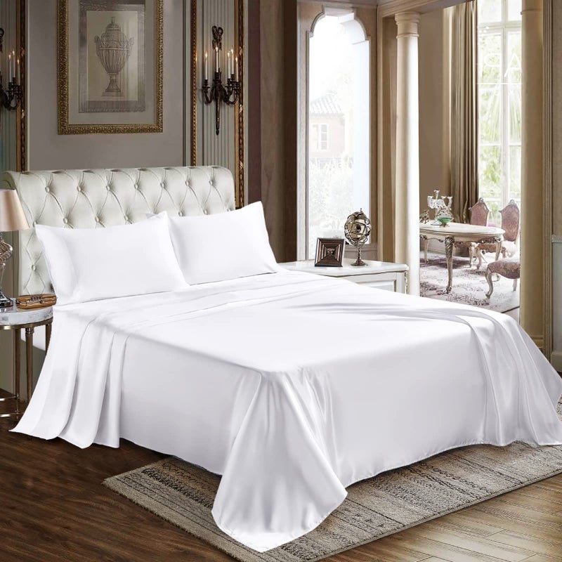 CozyLux Satin Sheets King Size  4 Piece White Bed Sheet Set with Silky Microfiber 1 Deep Pocket Fitted Sheet 1 Flat Sheet and 2 Pillowcases  Smooth and Soft
