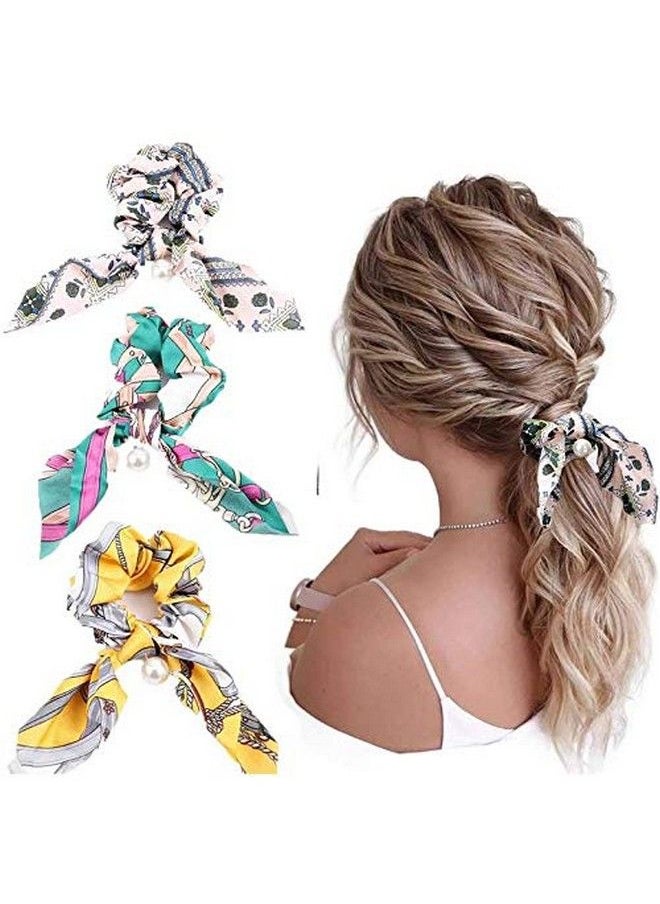 Fameza Pearl Hair Scrunchies Hair Scarf Ribbon Bow Hairs Ties Vintage Printed Ponytails Holders For Women And Girls 3Pcs  - Image 1