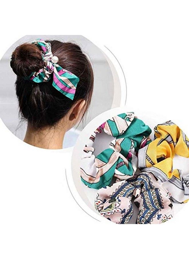 Fameza Pearl Hair Scrunchies Hair Scarf Ribbon Bow Hairs Ties Vintage Printed Ponytails Holders For Women And Girls 3Pcs  - Image 5
