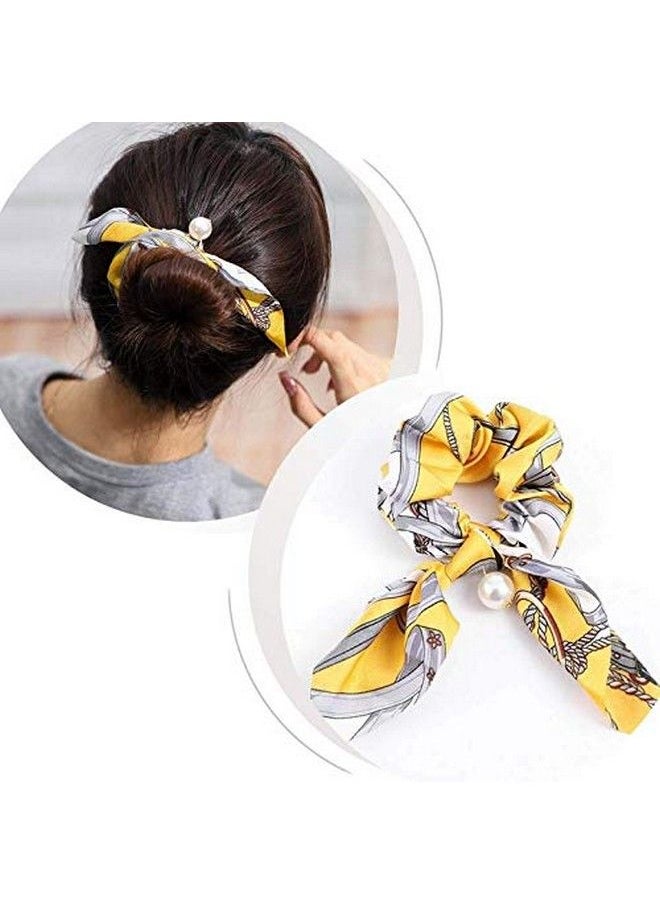 Fameza Pearl Hair Scrunchies Hair Scarf Ribbon Bow Hairs Ties Vintage Printed Ponytails Holders For Women And Girls 3Pcs  - Image 4