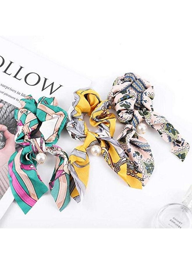 Fameza Pearl Hair Scrunchies Hair Scarf Ribbon Bow Hairs Ties Vintage Printed Ponytails Holders For Women And Girls 3Pcs  - Image 3