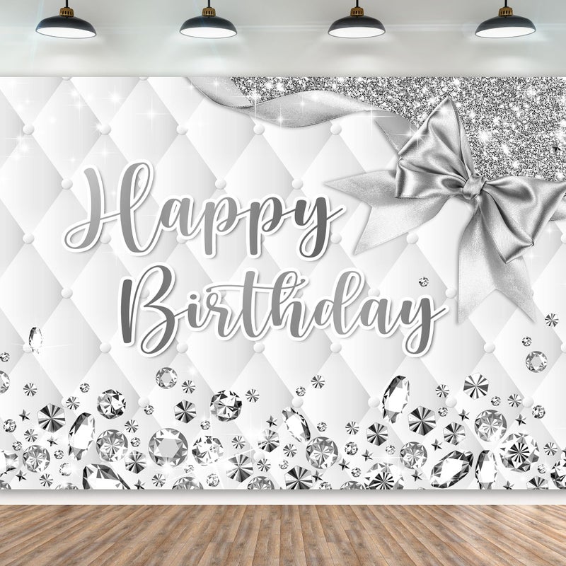 Newsely White and Silver Birthday Backdrop 7Wx5H Photography Happy Birthday Backdrop for Girls Women Diamonds Modern Luxury Elegant Bday Background Party Decorations Banner Photo Booth Props Supplies - Image 1