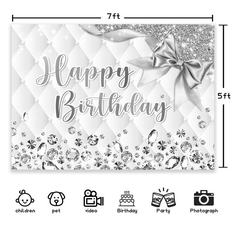 Newsely White and Silver Birthday Backdrop 7Wx5H Photography Happy Birthday Backdrop for Girls Women Diamonds Modern Luxury Elegant Bday Background Party Decorations Banner Photo Booth Props Supplies - Image 3