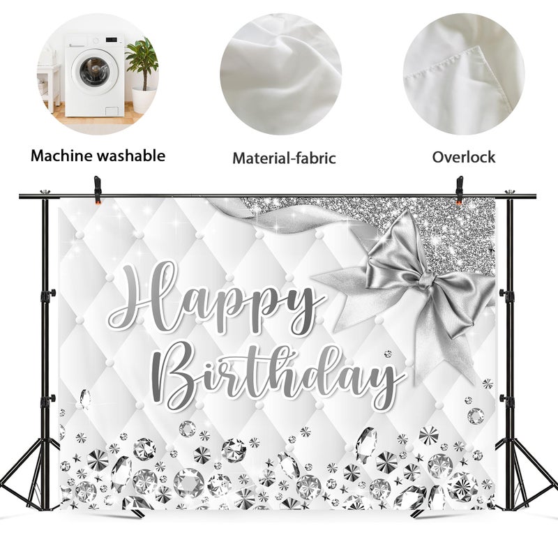Newsely White and Silver Birthday Backdrop 7Wx5H Photography Happy Birthday Backdrop for Girls Women Diamonds Modern Luxury Elegant Bday Background Party Decorations Banner Photo Booth Props Supplies - Image 5