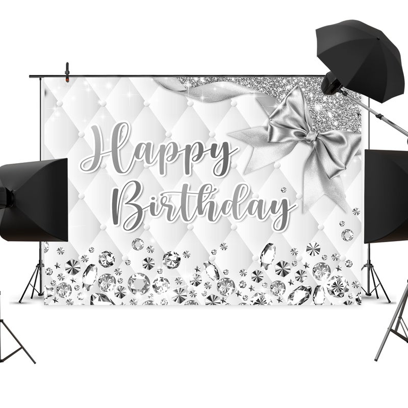 Newsely White and Silver Birthday Backdrop 7Wx5H Photography Happy Birthday Backdrop for Girls Women Diamonds Modern Luxury Elegant Bday Background Party Decorations Banner Photo Booth Props Supplies - Image 2