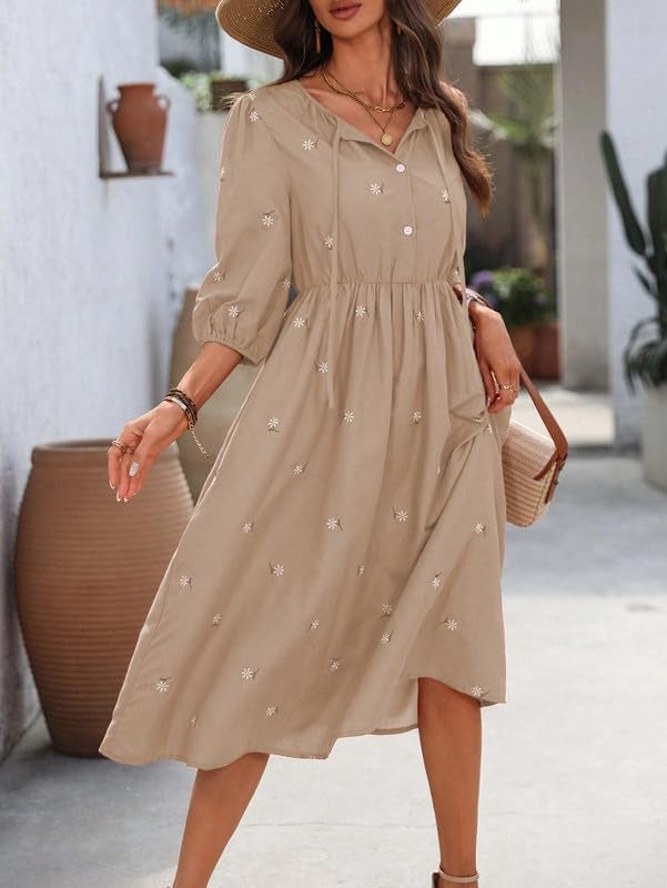 SMOWKLY Cotton Blend Women's Casual Dress Mid-Length Maxi Dress for Woman ||Stylish Frocks for Women ||One Piece Dress for Women || Long Midi Dress for Woman || Party & Beach Wear Beige - Image 3