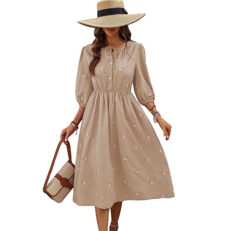 SMOWKLY Cotton Blend Women's Casual Dress Mid-Length Maxi Dress for Woman ||Stylish Frocks for Women ||One Piece Dress for Women || Long Midi Dress for Woman || Party & Beach Wear Beige - Image 1