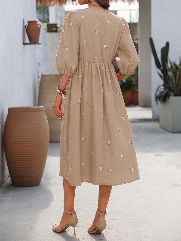 SMOWKLY Cotton Blend Women's Casual Dress Mid-Length Maxi Dress for Woman ||Stylish Frocks for Women ||One Piece Dress for Women || Long Midi Dress for Woman || Party & Beach Wear Beige - Image 2