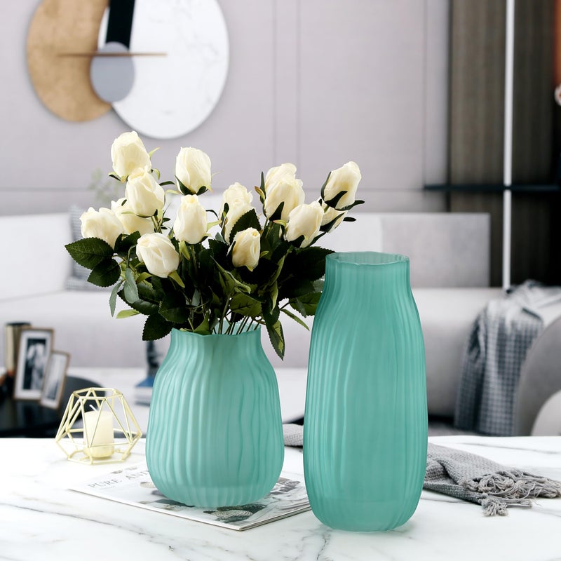 JAKY Global Modern Ribbed Glass Vase 8in Frosted Green Elegant Decorative Vases for Home Flowers Bouquet Arrangements  Centerpieces  Dinner Table Office Decor - Image 3