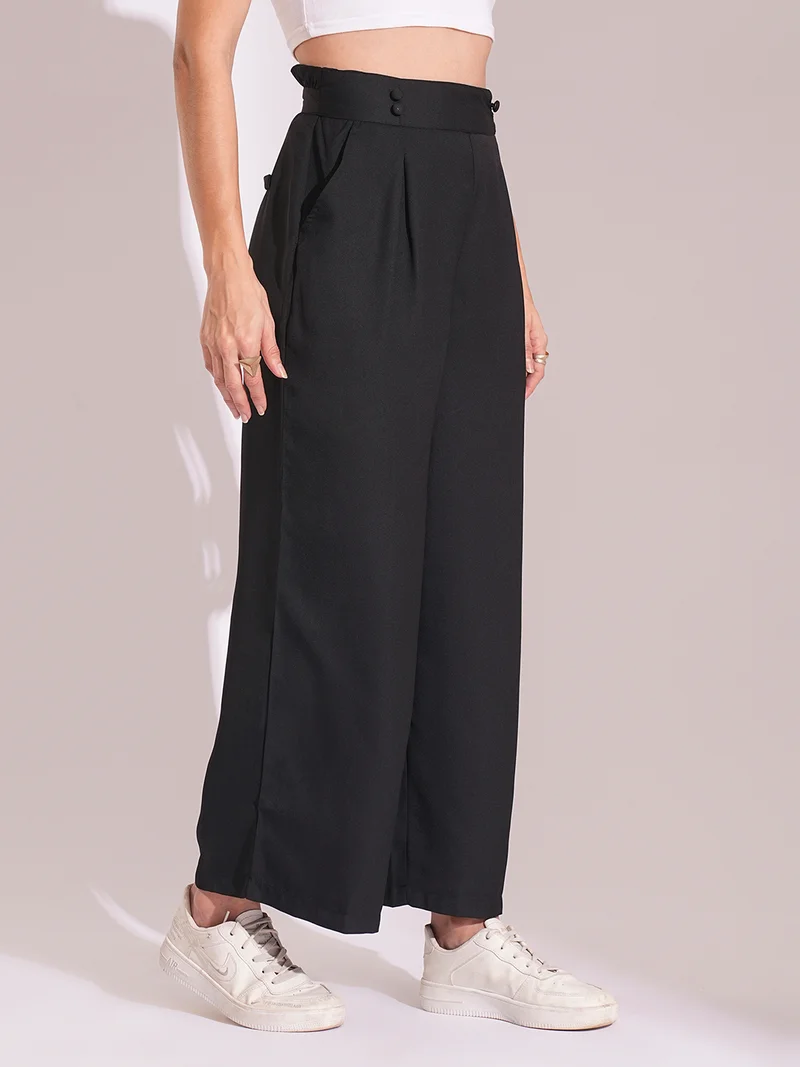 globus Women Black High-Rise Pleated Back Frilled Waist Wide Leg Workwear Trousers
