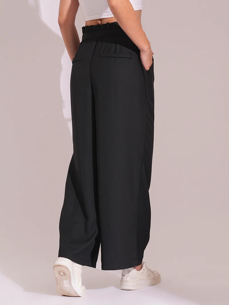 globus Women Black High-Rise Pleated Back Frilled Waist Wide Leg Workwear Trousers