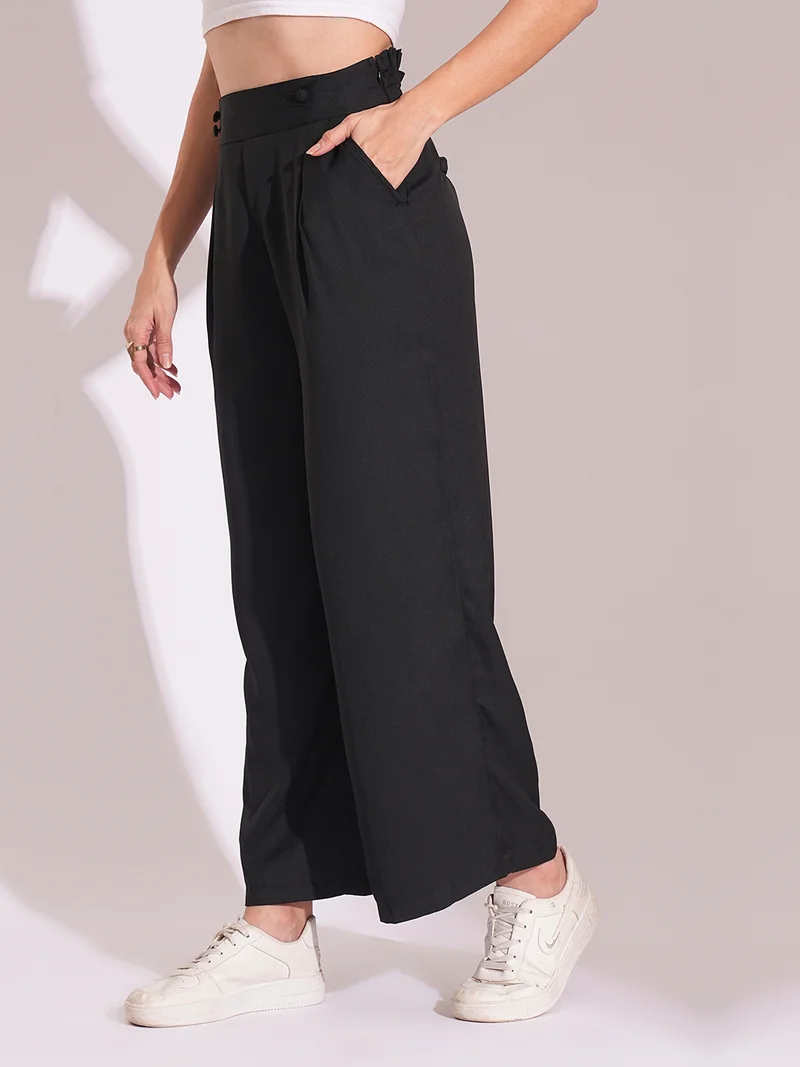 globus Women Black High-Rise Pleated Back Frilled Waist Wide Leg Workwear Trousers