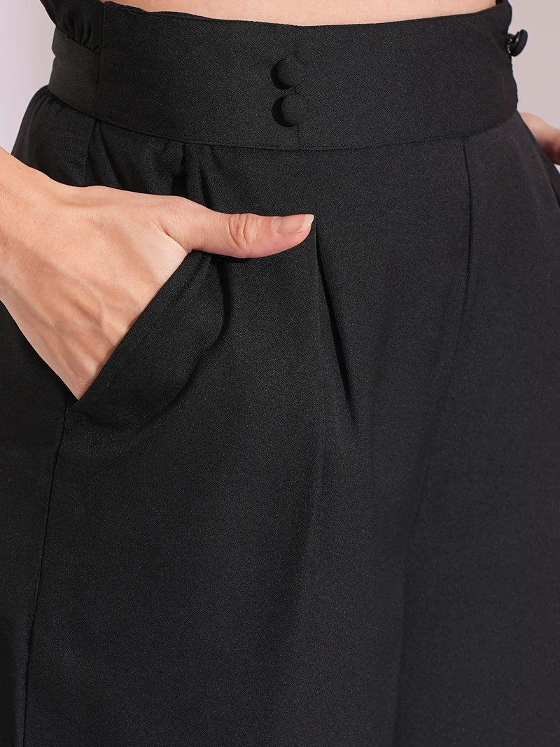 globus Women Black High-Rise Pleated Back Frilled Waist Wide Leg Workwear Trousers