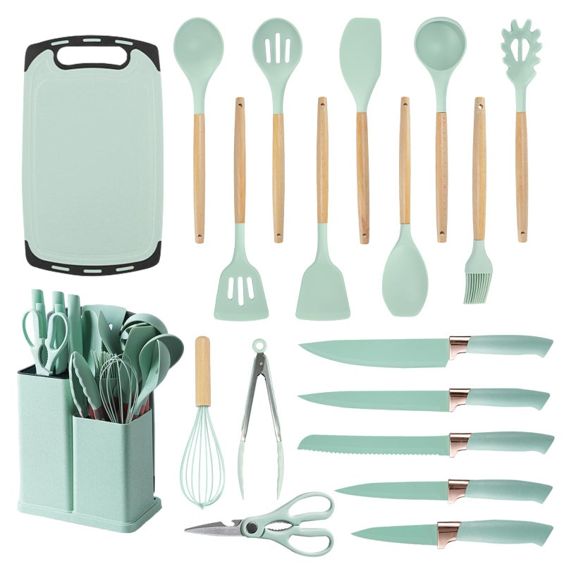 SHUNIKING Cooking Utensils Set - 19 Piece Set with 11 Spatulas, 6 Sharp Knives, Silicone Utensils & Cutting Board (Green) - Image 1