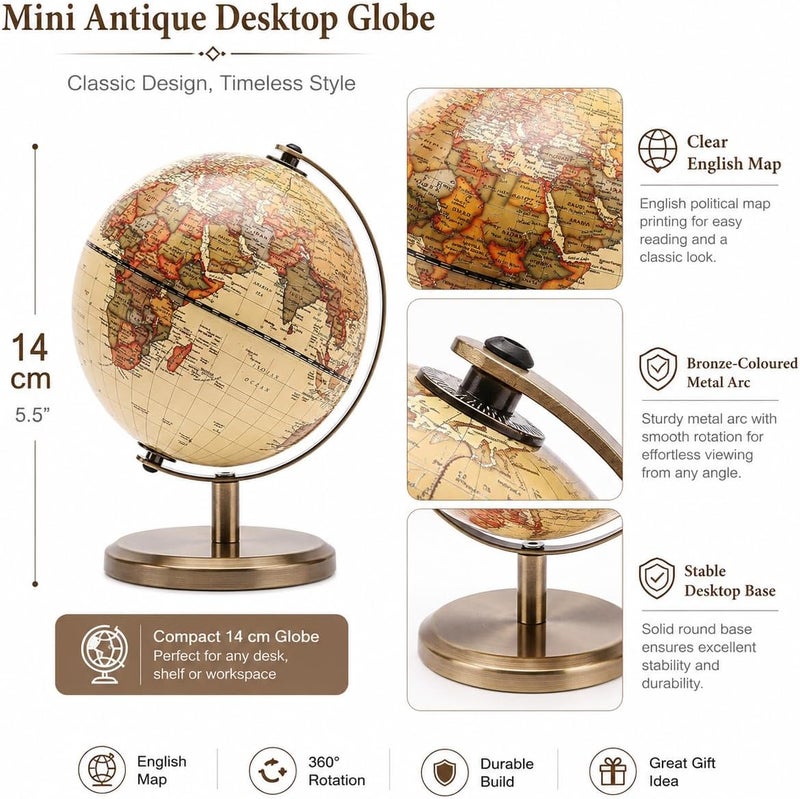 Exerz Antique Globe Dia 5.5-inch / 14cm - Mini Globe - Modern Map in Antique Color - English Map - Educational/Geographic | Compact Mini Globe With Bronze Colour Metal Arc And Base For Desk Study Room Office Decor And Educational Gift - Image 4