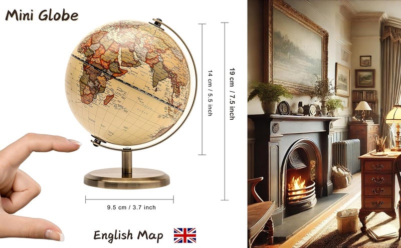 Exerz Antique Globe Dia 5.5-inch / 14cm - Mini Globe - Modern Map in Antique Color - English Map - Educational/Geographic | Compact Mini Globe With Bronze Colour Metal Arc And Base For Desk Study Room Office Decor And Educational Gift - Image 2
