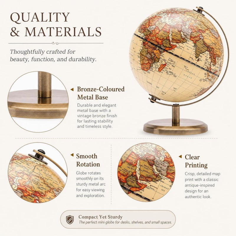 Exerz Antique Globe Dia 5.5-inch / 14cm - Mini Globe - Modern Map in Antique Color - English Map - Educational/Geographic | Compact Mini Globe With Bronze Colour Metal Arc And Base For Desk Study Room Office Decor And Educational Gift - Image 5