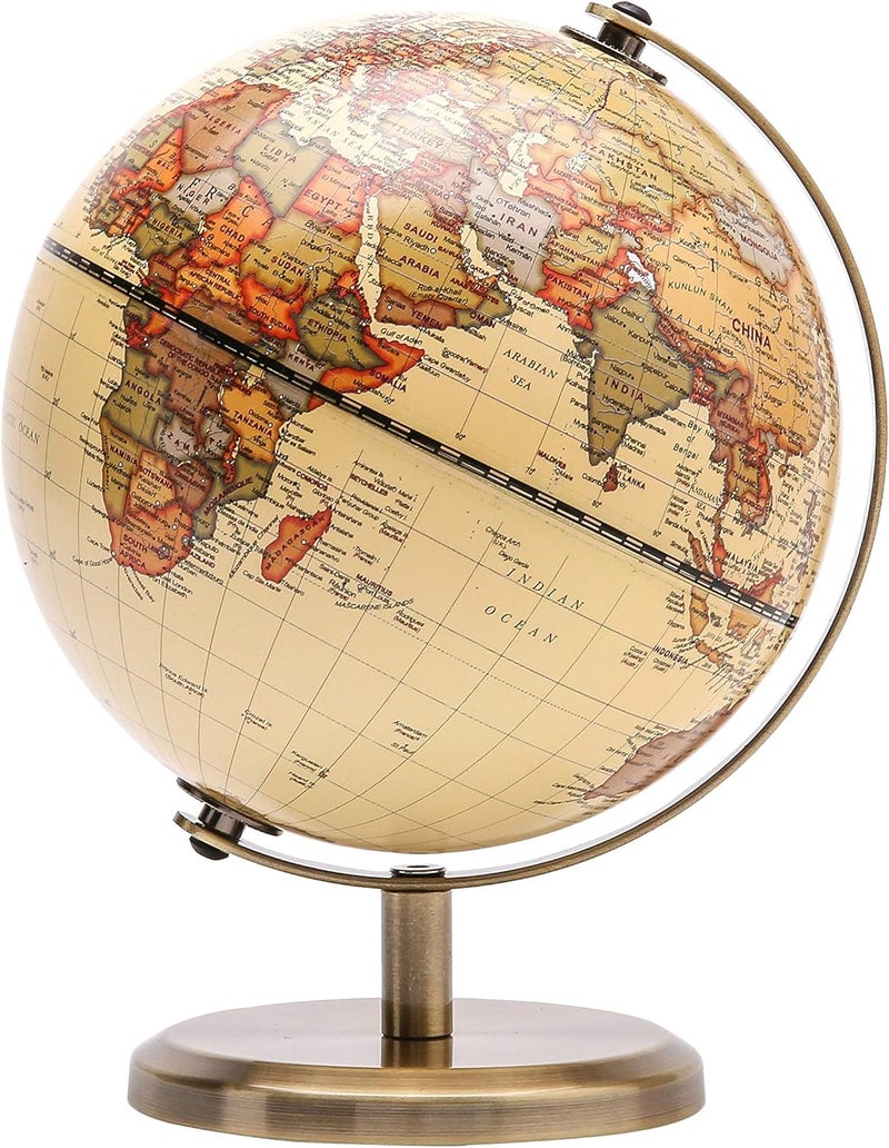 Exerz Antique Globe Dia 5.5-inch / 14cm - Mini Globe - Modern Map in Antique Color - English Map - Educational/Geographic | Compact Mini Globe With Bronze Colour Metal Arc And Base For Desk Study Room Office Decor And Educational Gift - Image 1
