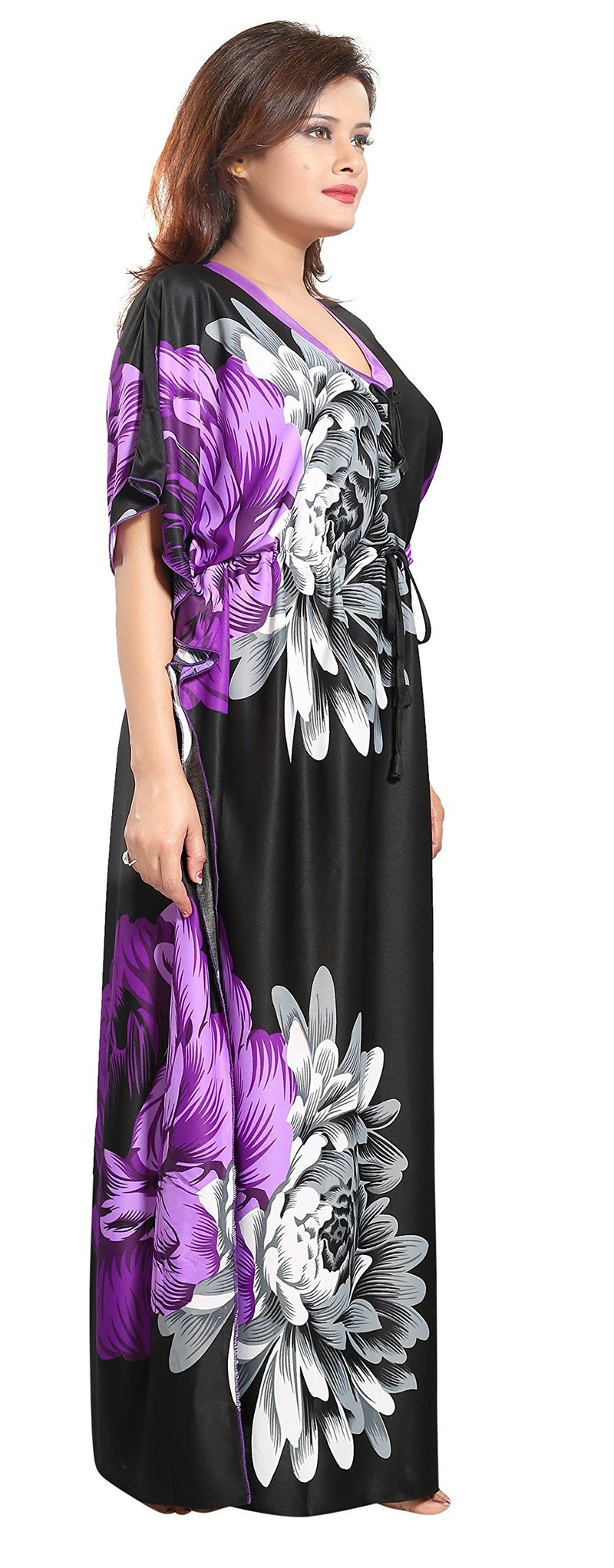 Noty Store Noty Women's Kaftan Nighty | Serena Fabric | Floral Print Maxi | Short Sleeves | V-Shaped Neck (XXX-Large, Purple & Black) - Image 3