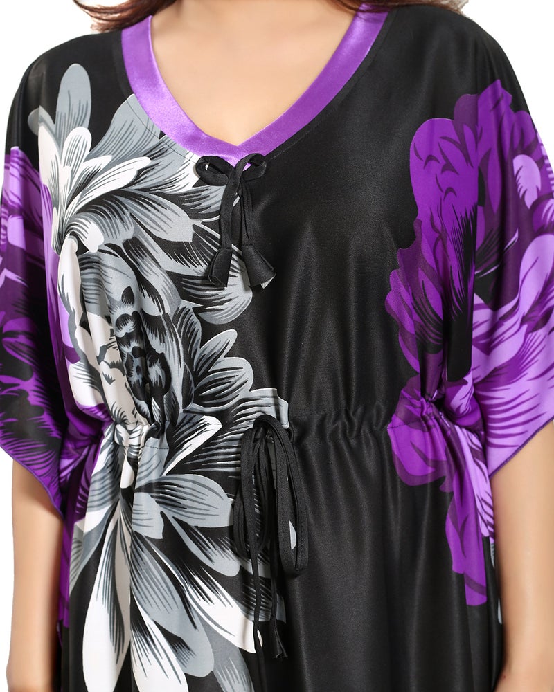 Noty Store Noty Women's Kaftan Nighty | Serena Fabric | Floral Print Maxi | Short Sleeves | V-Shaped Neck (XXX-Large, Purple & Black) - Image 5