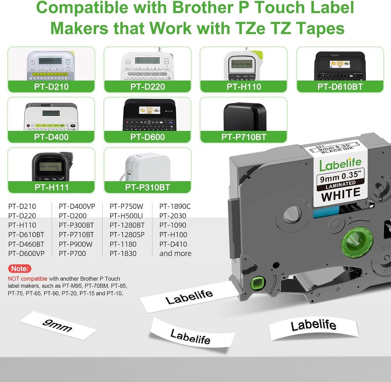 Labelife Compatible Label Tape Replacement for Brother TZe TZ Tape 9mm 0.35" Laminated White Label Maker Tape TZe-221 TZe221 for Brother P Touch PT-D210 PT-D200 PT-H110 PT-D400 PT-1290 PT-1750, 5-Pack - Image 2