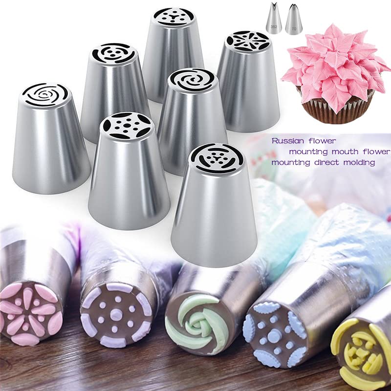 Bmaacye Russian Piping Tips Set with 7 Flower Icing Tips & 2 Leaf Pastry Tips Nozzles for Frosting Cookie Cupcake Cake Decorating - Image 2