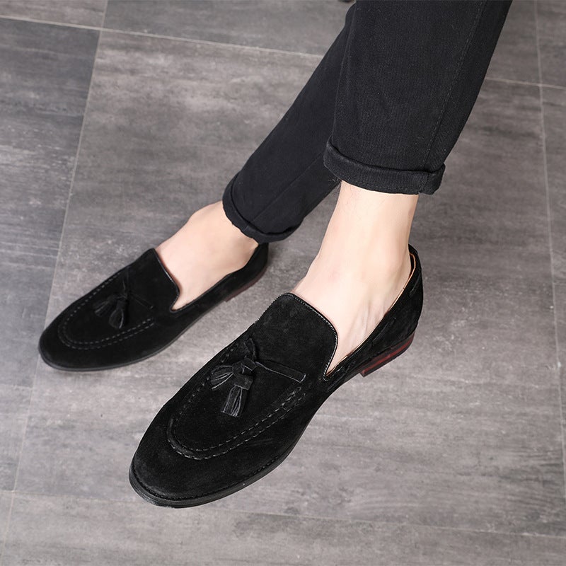 Autumn and winter new velvet matte hair stylist casual shoes British nightclub all-match tassel one-foot slip-on leather shoes men black 41 - Image 3