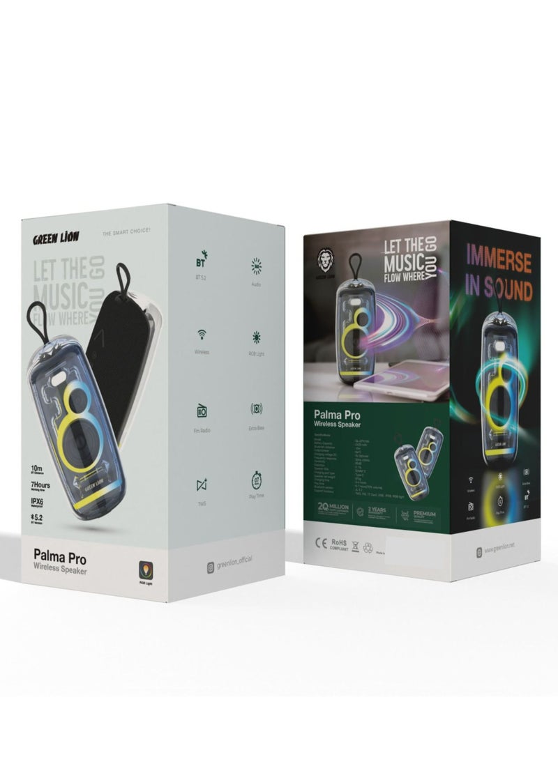 Palma Pro Wireless Speaker, 7h Playtime, Bluetooth 5.2, 10m Bluetooth Range, FM Radio, Type-C Charging, RGB Light - Black