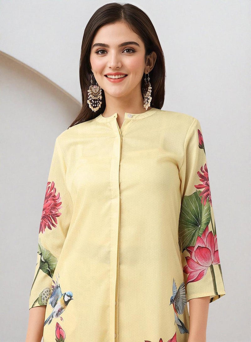 ISHIN Floral Printed Band Collar Straight Kurta With Trousers - Image 2