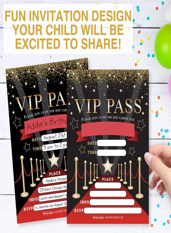 Hadley Designs Kids Birthday Invitations For Boys and Girls VIP Theme - 25 Movie Birthday Party Invitations For Boys, VIP Invites For Girls, Cute Popcorn Party Supplies, Made In USA - Image 5