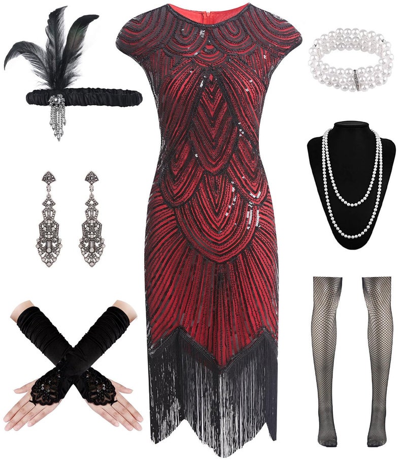 WILDPARTY 1920s Women Flapper Dresses Sequin Dresses Vintage Lace Fringed Cocktail Dress with 20s Accessories SetRed L