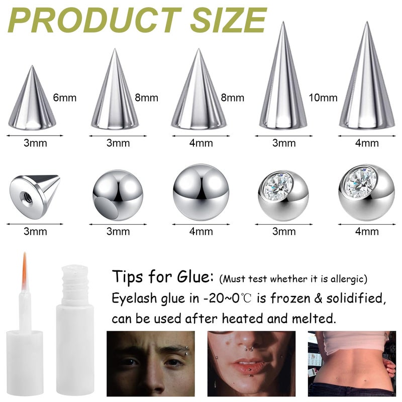 BodyAce 24Pcs Fake Nose Lip Labret Studs Eyebrow Rings, 3mm 4mm Replacement Balls Long Spike Cone with Eyelash Glue, Non-Piercing Body Jewelry Fake Skin Piercing (B:24Pcs) - Image 2