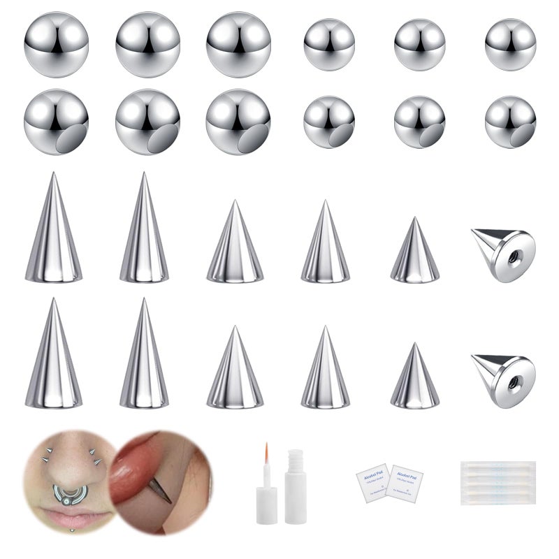 BodyAce 24Pcs Fake Nose Lip Labret Studs Eyebrow Rings, 3mm 4mm Replacement Balls Long Spike Cone with Eyelash Glue, Non-Piercing Body Jewelry Fake Skin Piercing (B:24Pcs) - Image 1