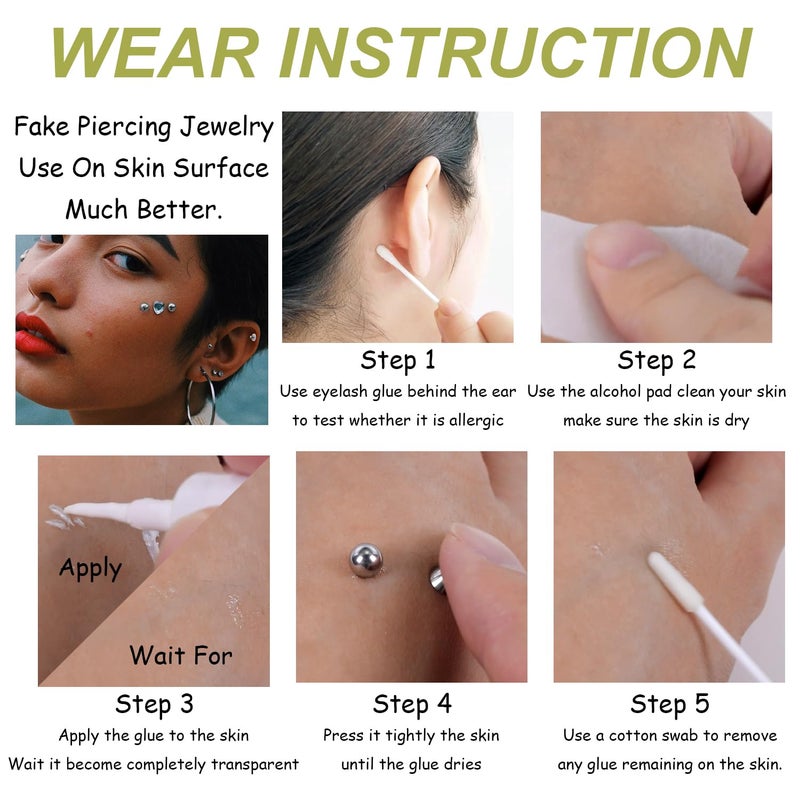 BodyAce 24Pcs Fake Nose Lip Labret Studs Eyebrow Rings, 3mm 4mm Replacement Balls Long Spike Cone with Eyelash Glue, Non-Piercing Body Jewelry Fake Skin Piercing (B:24Pcs) - Image 3