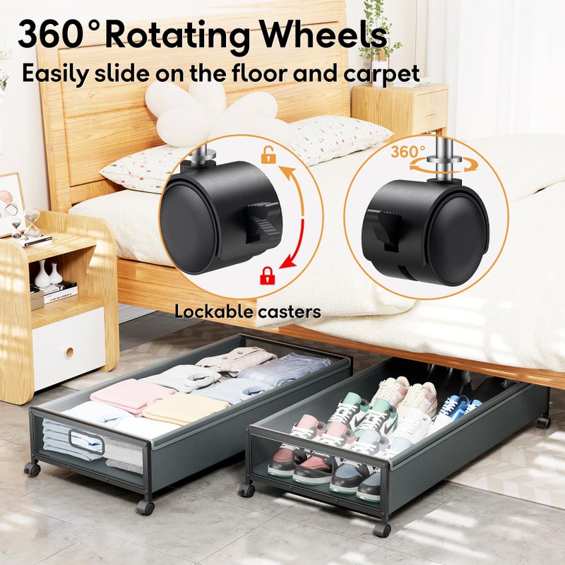 LeArex Under Bed Storage Containers with Wheels 2 Pack Underbed Shoe Storage Bedroom Storage Bins Organizer Large Capacity Under Bed Storage with Lid for Clothes Shoes Toys Blankets (Cyan-gray) - Image 4