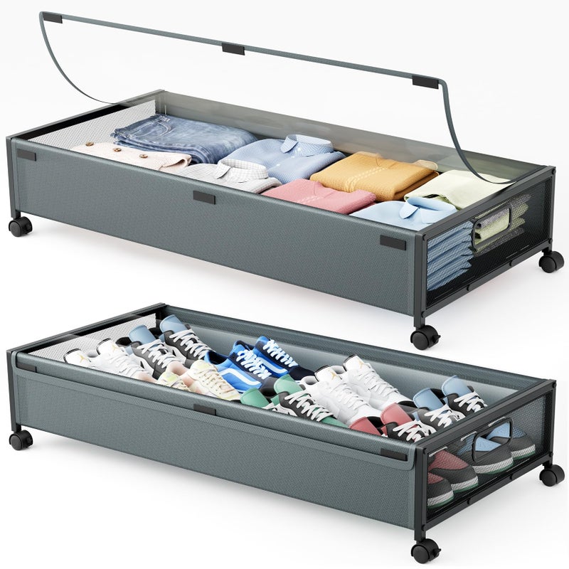 LeArex Under Bed Storage Containers with Wheels 2 Pack Underbed Shoe Storage Bedroom Storage Bins Organizer Large Capacity Under Bed Storage with Lid for Clothes Shoes Toys Blankets (Cyan-gray) - Image 1
