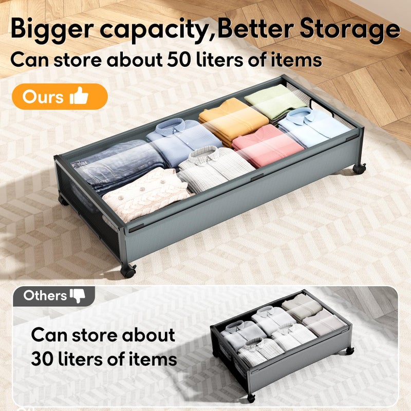 LeArex Under Bed Storage Containers with Wheels 2 Pack Underbed Shoe Storage Bedroom Storage Bins Organizer Large Capacity Under Bed Storage with Lid for Clothes Shoes Toys Blankets (Cyan-gray) - Image 3