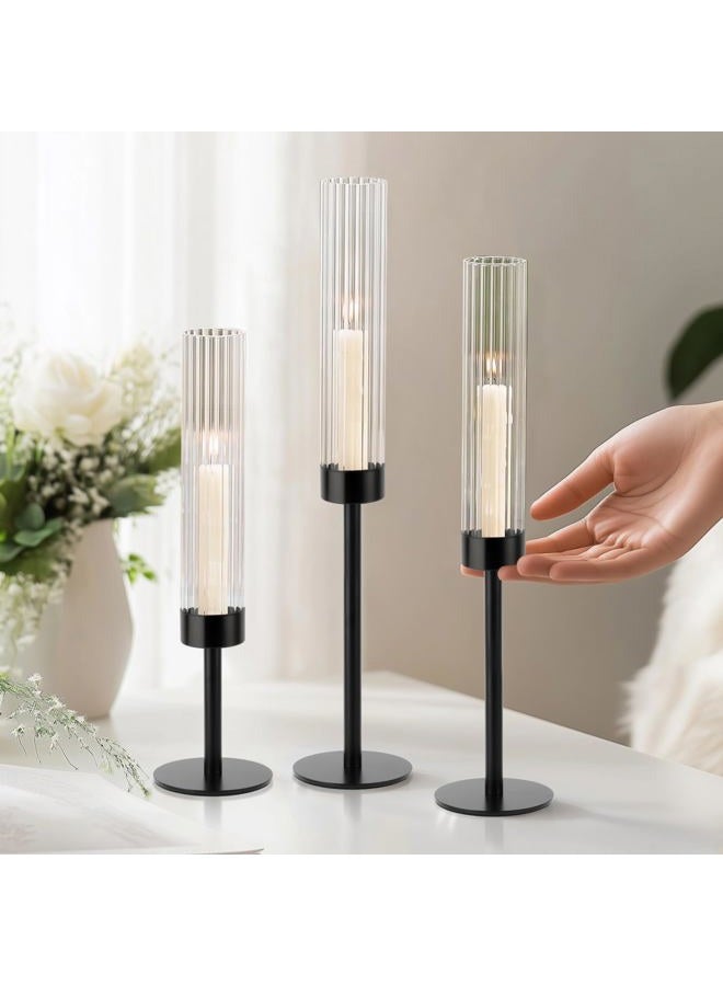 ASHELYULLA Black Hurricane Candle Holders, Set of 6 Glass Taper Candlestick Holders Metal Candle Stands Bulk with Ribbed Glass Cover for Dining Tables Wedding Candelabra Centerpieces Decor - Image 5