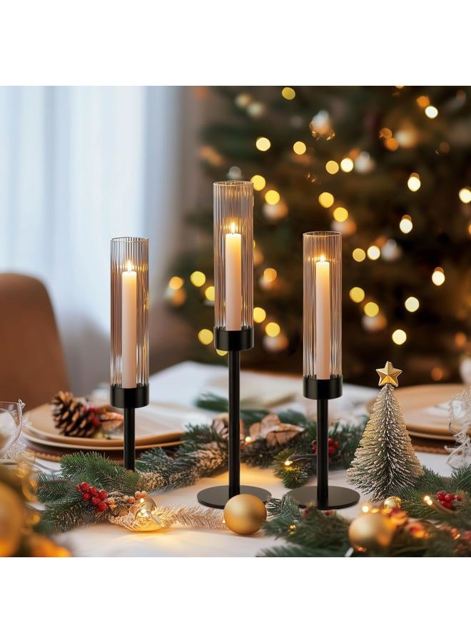 ASHELYULLA Black Hurricane Candle Holders, Set of 6 Glass Taper Candlestick Holders Metal Candle Stands Bulk with Ribbed Glass Cover for Dining Tables Wedding Candelabra Centerpieces Decor - Image 3