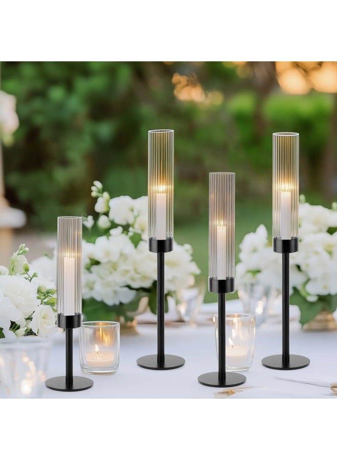 ASHELYULLA Black Hurricane Candle Holders, Set of 6 Glass Taper Candlestick Holders Metal Candle Stands Bulk with Ribbed Glass Cover for Dining Tables Wedding Candelabra Centerpieces Decor - Image 2
