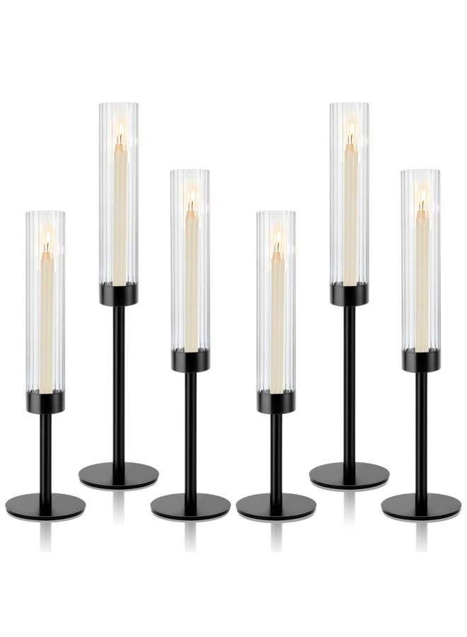 ASHELYULLA Black Hurricane Candle Holders, Set of 6 Glass Taper Candlestick Holders Metal Candle Stands Bulk with Ribbed Glass Cover for Dining Tables Wedding Candelabra Centerpieces Decor - Image 1