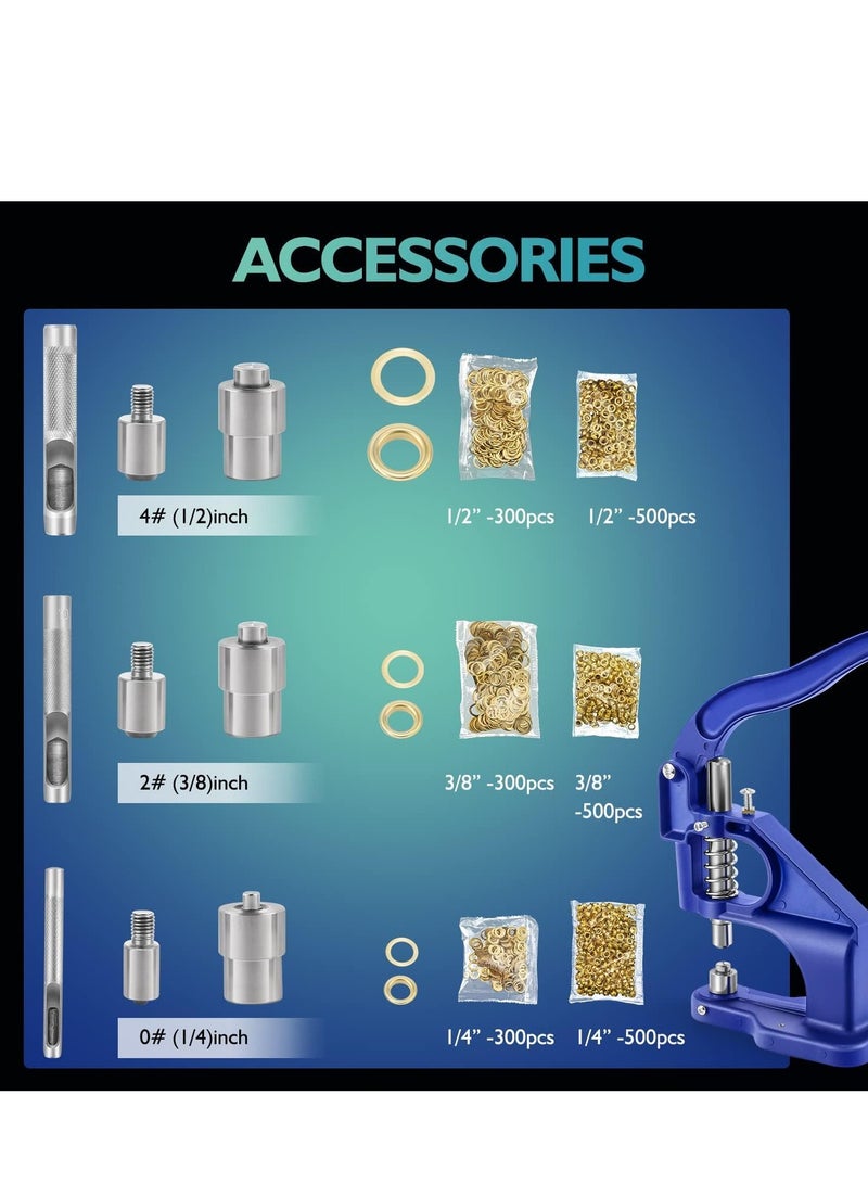 Heavy Duty Grommet Machine Kit with 3 Dies (1/4", 3/8", 1/2"), Punch Hole Tool, and 1500 Gold Grommets for Leather, Shoes, and Clothing. Perfect for DIY Projects! - Image 5