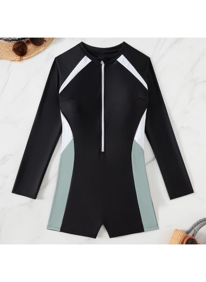 New European And American Color Blocking Fashion Front Zipper Long Sleeve Slimming Women's One-piece Wetsuit Swimsuit