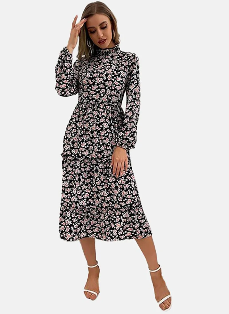 YUNIQEE Black & Pink Floral Printed Fit & Flare Midi Dress