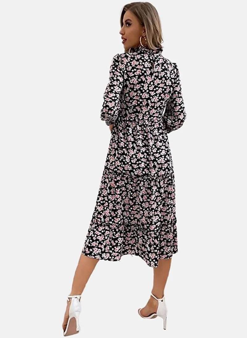 YUNIQEE Black & Pink Floral Printed Fit & Flare Midi Dress