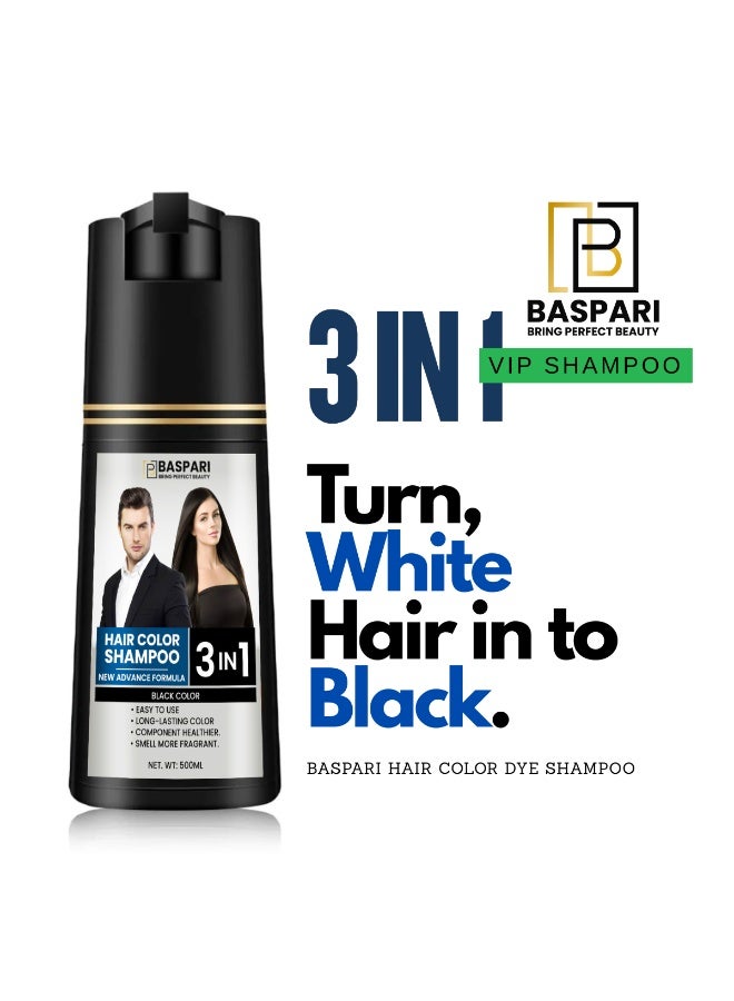 Baspari 3 in 1 Hair Color Dye Shampoo, Turns Grey to Black in 5 Minutes Ammonia Free Long Lasting, Natural Easy Home Hair Dye for Men & Women (500ml) Black - Image 3