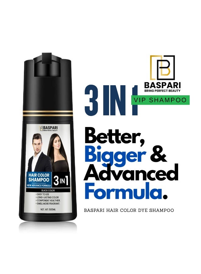 Baspari 3 in 1 Hair Color Dye Shampoo, Turns Grey to Black in 5 Minutes Ammonia Free Long Lasting, Natural Easy Home Hair Dye for Men & Women (500ml) Black - Image 2