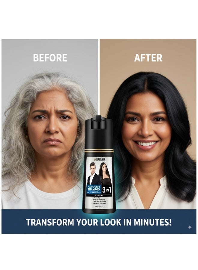 Baspari 3 in 1 Hair Color Dye Shampoo, Turns Grey to Black in 5 Minutes Ammonia Free Long Lasting, Natural Easy Home Hair Dye for Men & Women (500ml) Black - Image 4